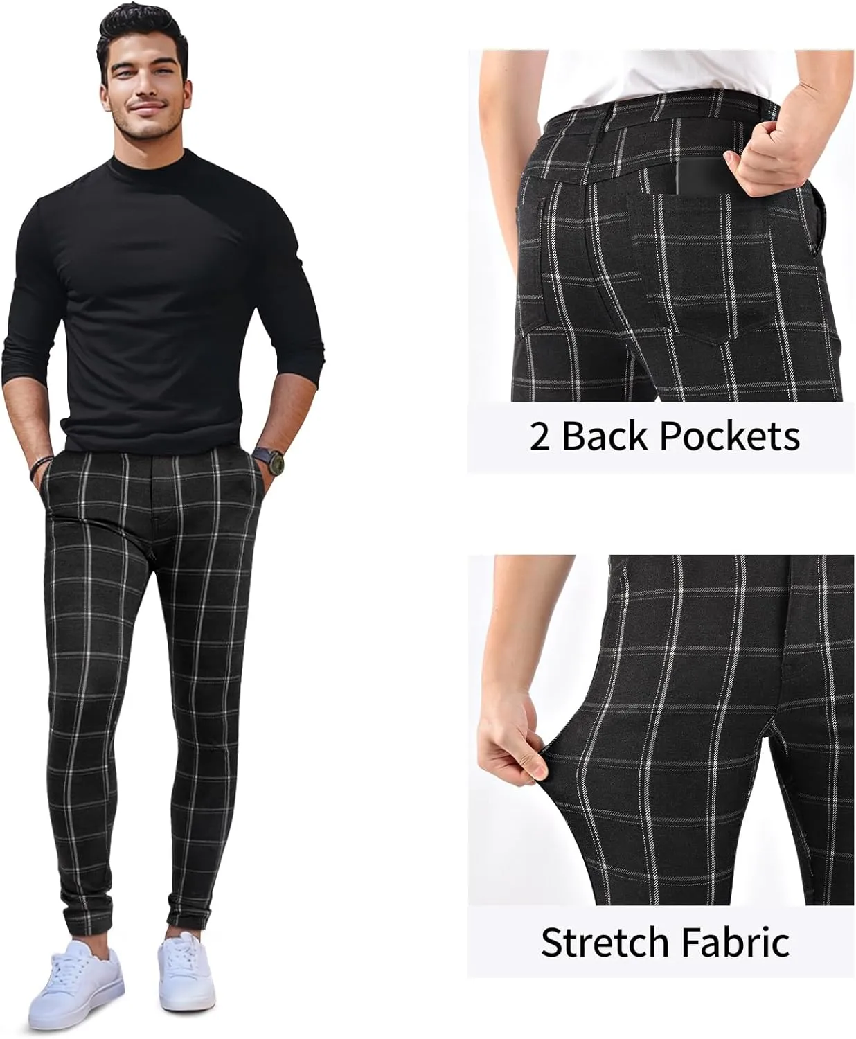 GINGTTO Mens Plaid Dress Pants Stretch Chino Pants Men Slim Fit