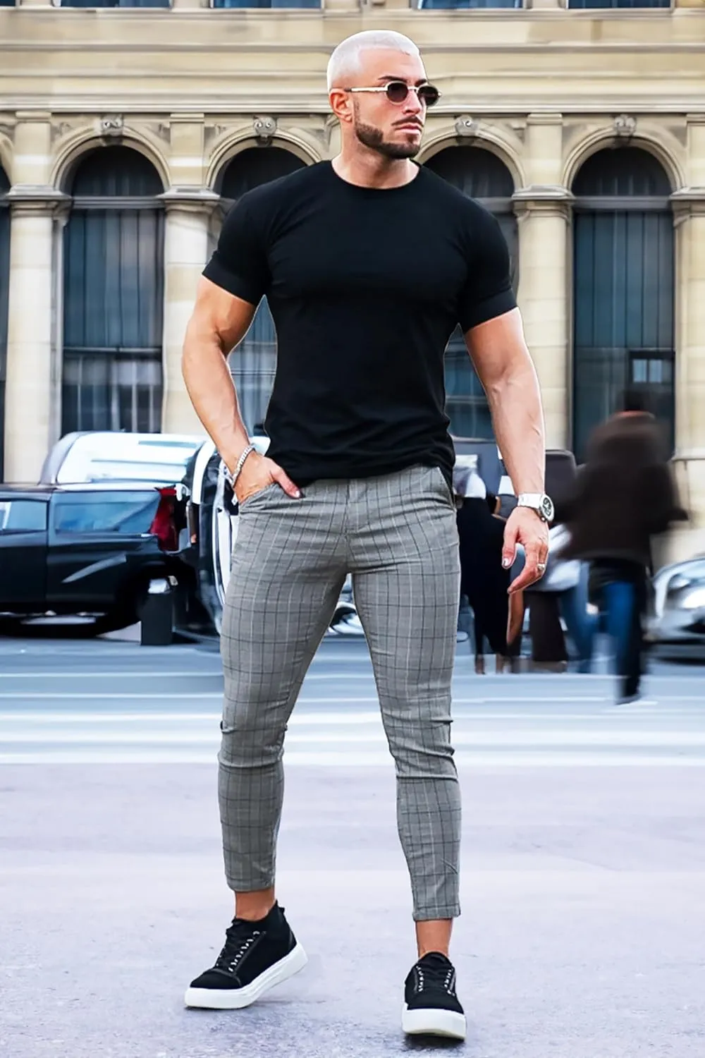 GINGTTO Mens Plaid Dress Pants Stretch Chino Pants Men Slim Fit