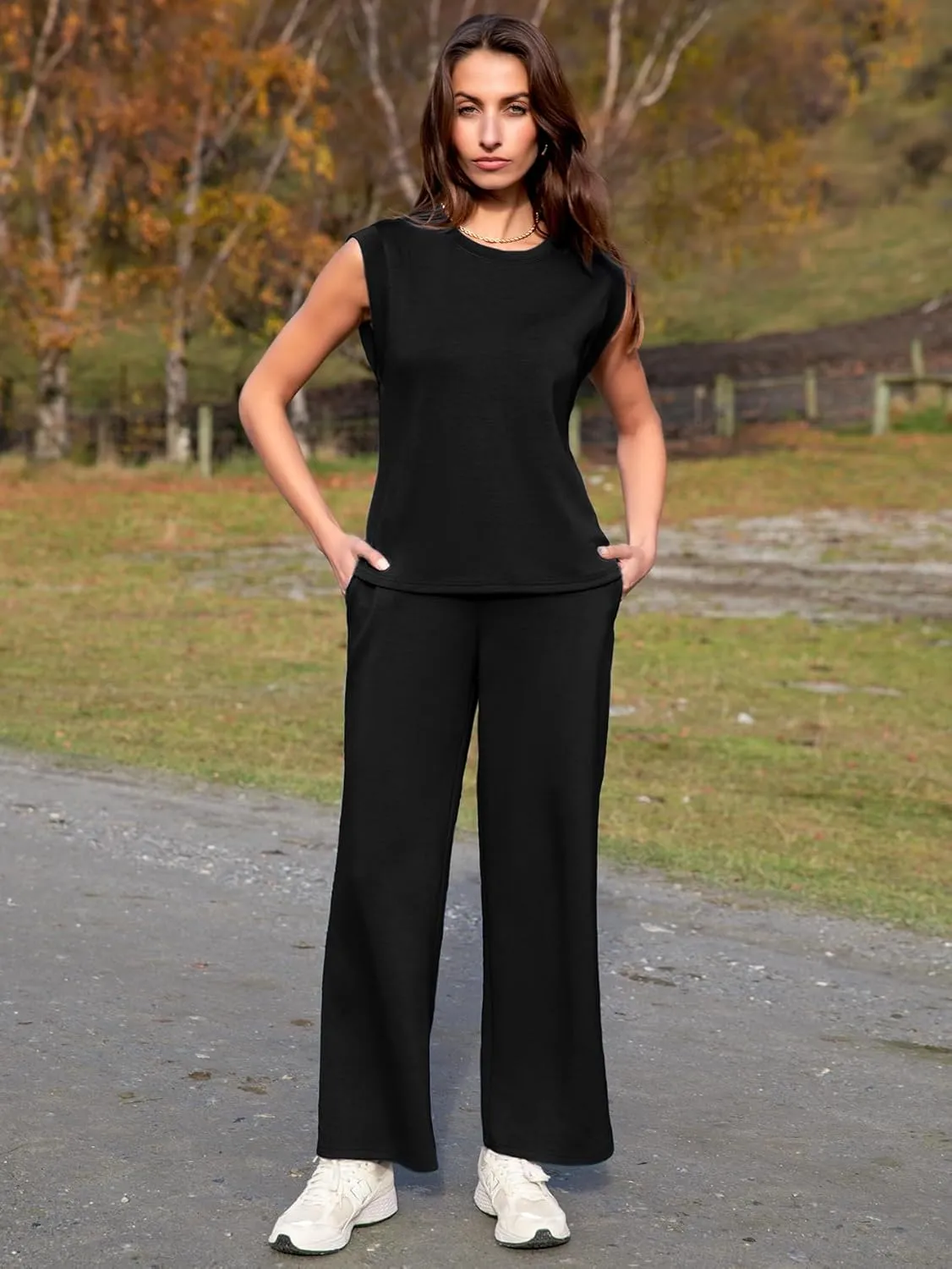 Glamaker Women's 2 Piece Sets Summer Lounge Travel Outfits Sleeveless Wide Leg Airport Casual Trendy Sweatsuits