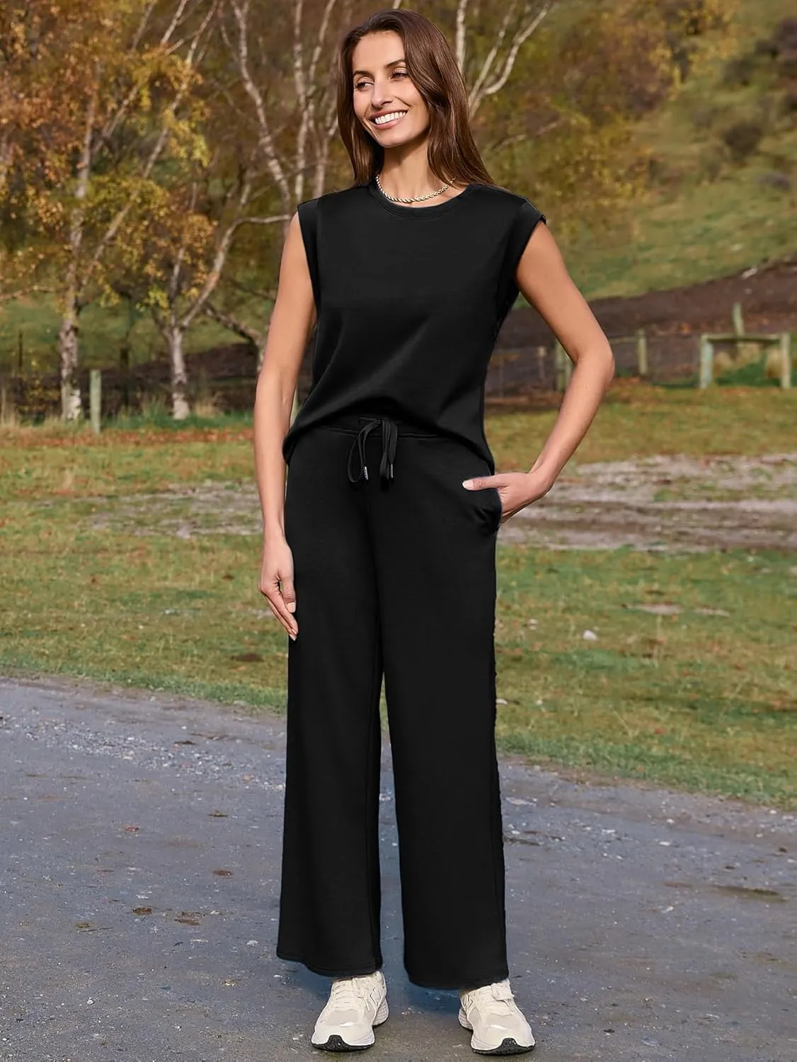 Glamaker Women's 2 Piece Sets Summer Lounge Travel Outfits Sleeveless Wide Leg Airport Casual Trendy Sweatsuits