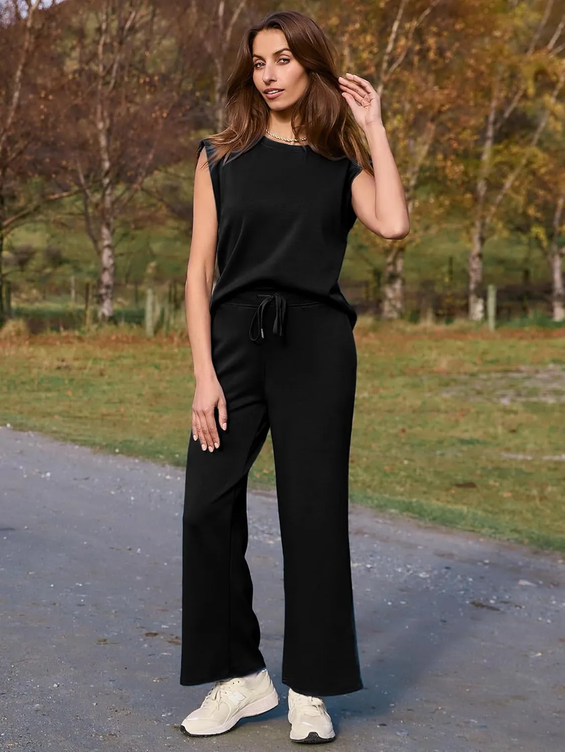 Glamaker Women's 2 Piece Sets Summer Lounge Travel Outfits Sleeveless Wide Leg Airport Casual Trendy Sweatsuits