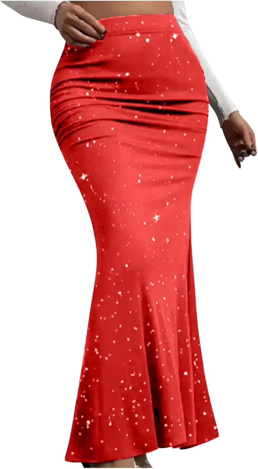 Glitter Bodycon Maxi Skirts Women High Waist Fishtail Maxi Skirt Dressy Elegant Sequin Sparkly Skirts 2024 New