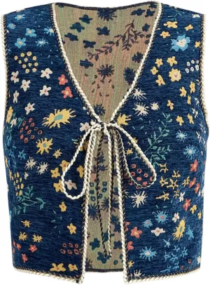 GORGLITTER Women's Sleeveless Western Rodeo Country Concert Cowgirl Outfit Tie Front Cardigan Vest Top Casual Trendy