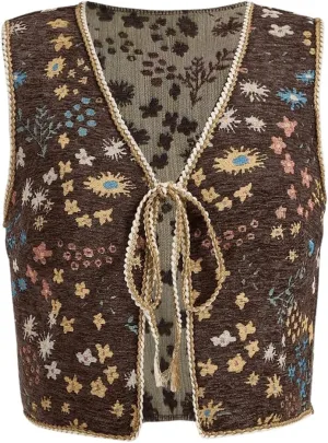 GORGLITTER Women's Sleeveless Western Rodeo Country Concert Cowgirl Outfit Tie Front Cardigan Vest Top Casual Trendy