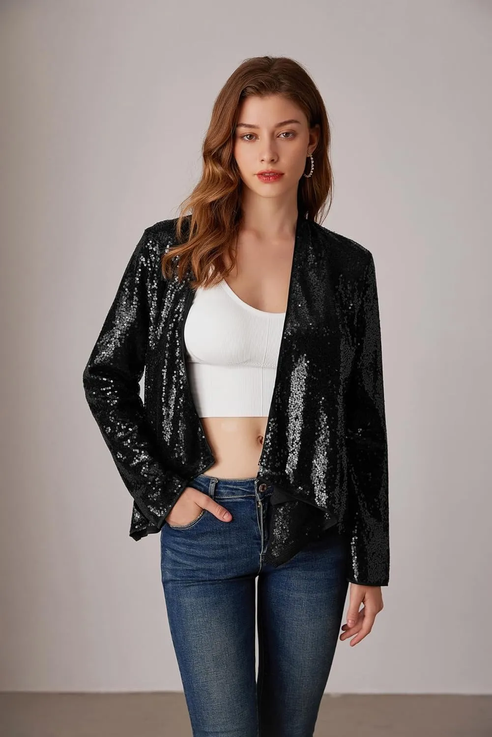 GRACE KARIN Sequin Blazer for Women Sparkly Sequin Jacket Long Sleeve Open Front Sequin Cardigan