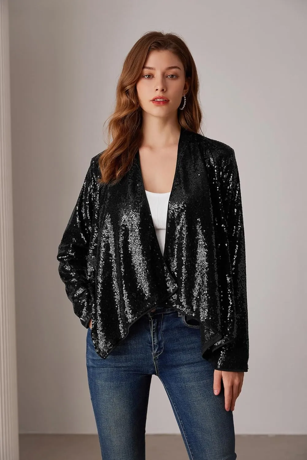 GRACE KARIN Sequin Blazer for Women Sparkly Sequin Jacket Long Sleeve Open Front Sequin Cardigan