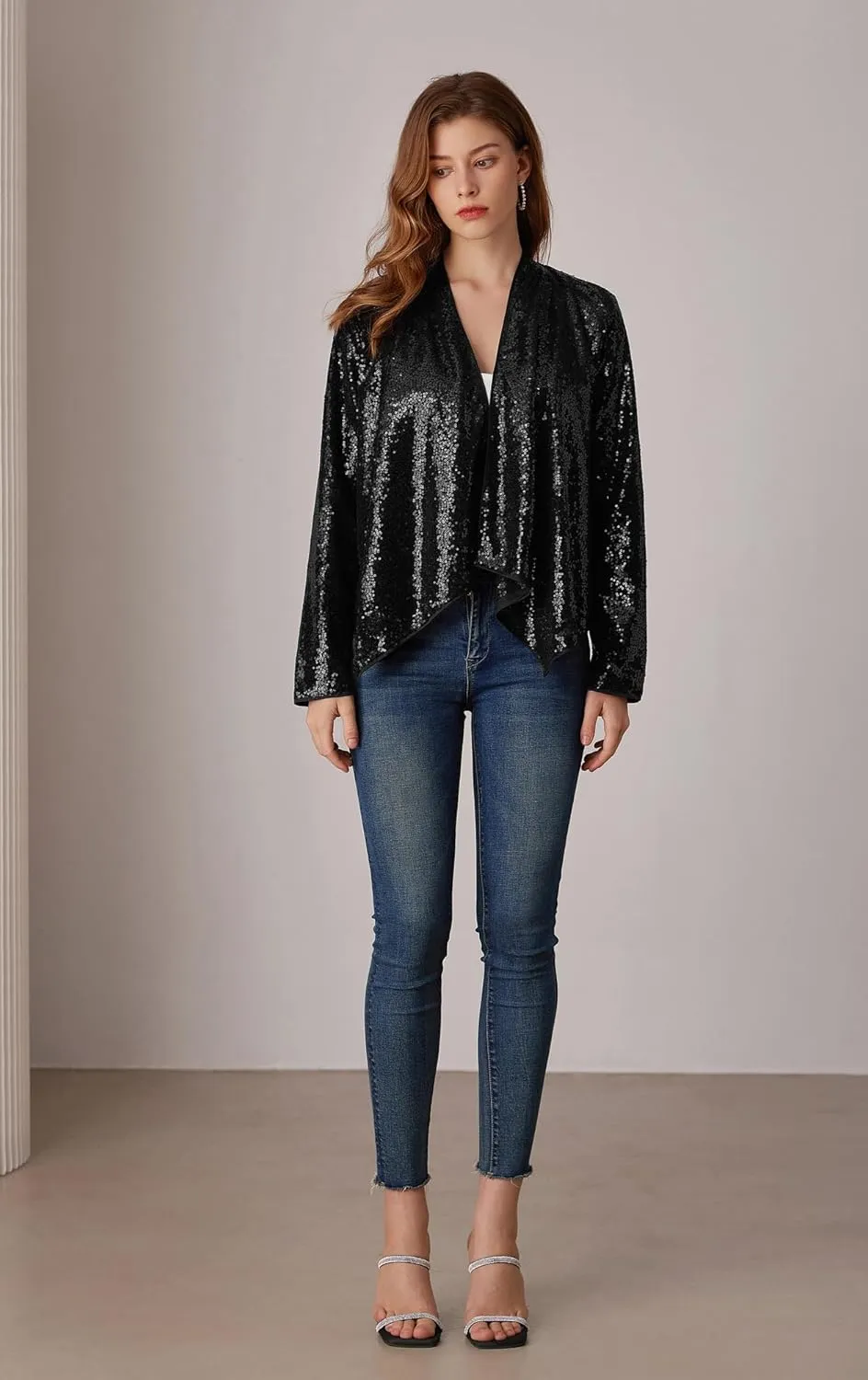 GRACE KARIN Sequin Blazer for Women Sparkly Sequin Jacket Long Sleeve Open Front Sequin Cardigan