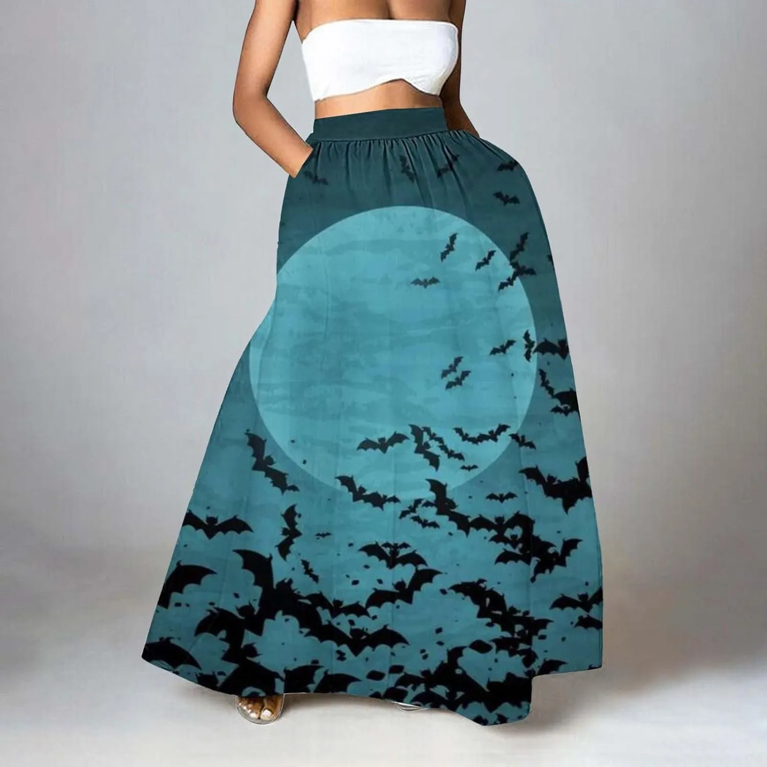 Halloween Skirt Skirt High Waist Party Beach Pocket Long Maxi Skirt Halloween Ball Teacher Outfits for Women Bat