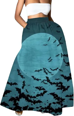 Halloween Skirt Skirt High Waist Party Beach Pocket Long Maxi Skirt Halloween Ball Teacher Outfits for Women Bat