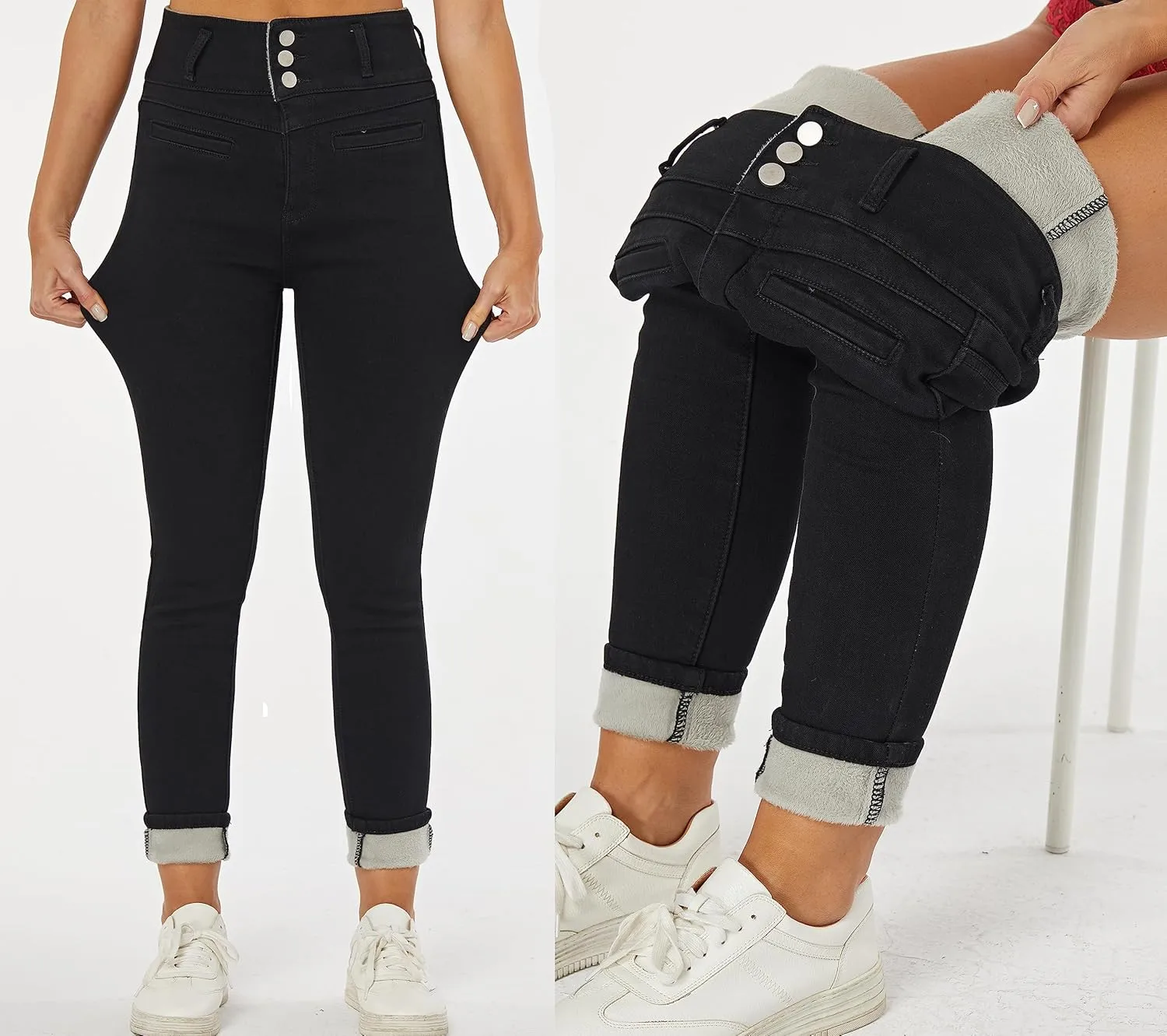 heipeiwa Women's Fleece Lined Jeans Winter Thermal Warm Denim Pants High Waisted Skinny Flannel Lined Jeans