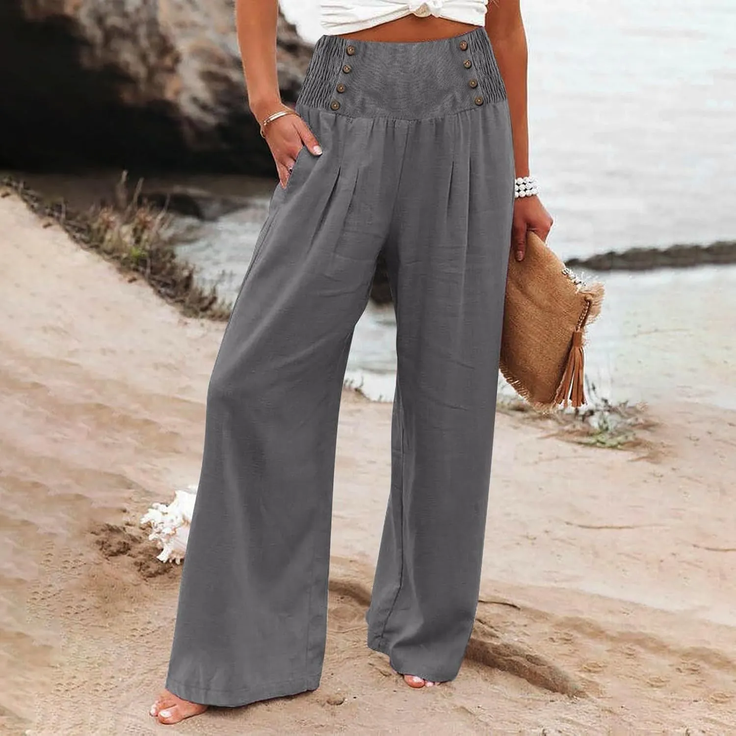 High Waisted Palazzo Wide Leg Flowy Dressy Pants for Women Business Casual Trousers with Pockets