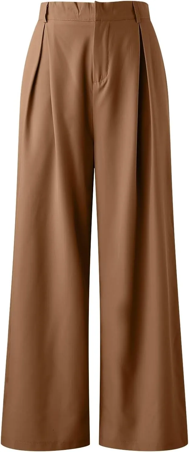 High Waisted Pants for Women Elastic Waist Lounge Trousers with Pockets Comfort Loose Fit Casual Palazzo Pants