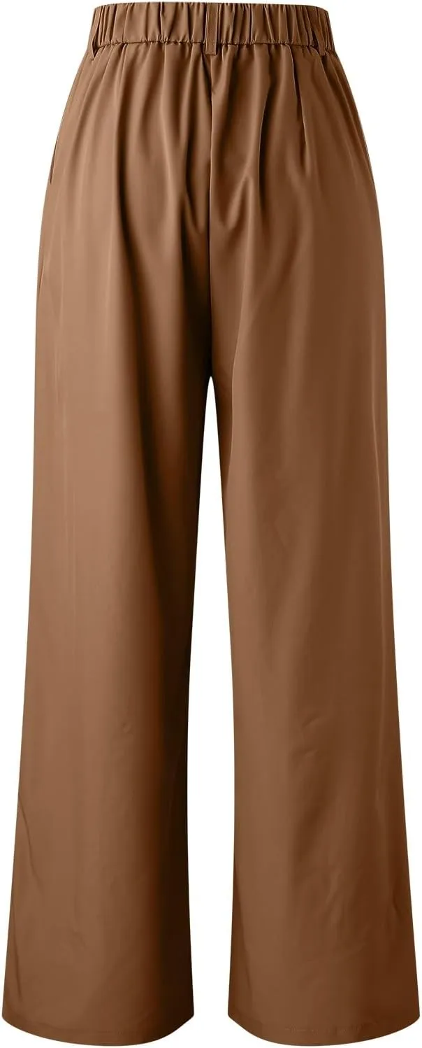 High Waisted Pants for Women Elastic Waist Lounge Trousers with Pockets Comfort Loose Fit Casual Palazzo Pants