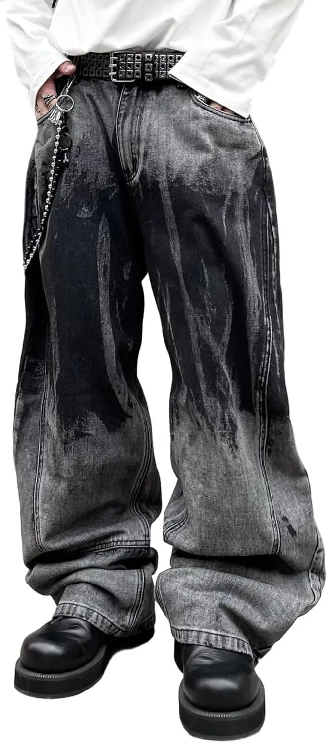 Hip Hop Baggy Jeans for Men Stylish Wide Leg Skater Jeans Loose Fit Denim Pants Streetwear