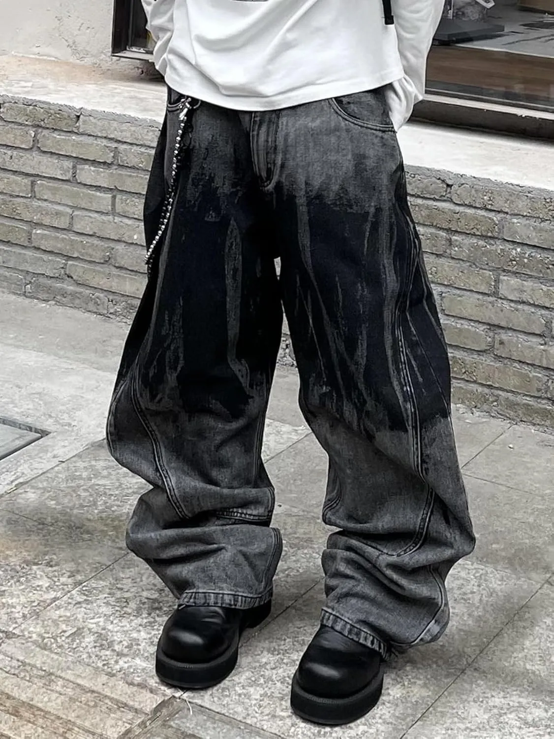 Hip Hop Baggy Jeans for Men Stylish Wide Leg Skater Jeans Loose Fit Denim Pants Streetwear