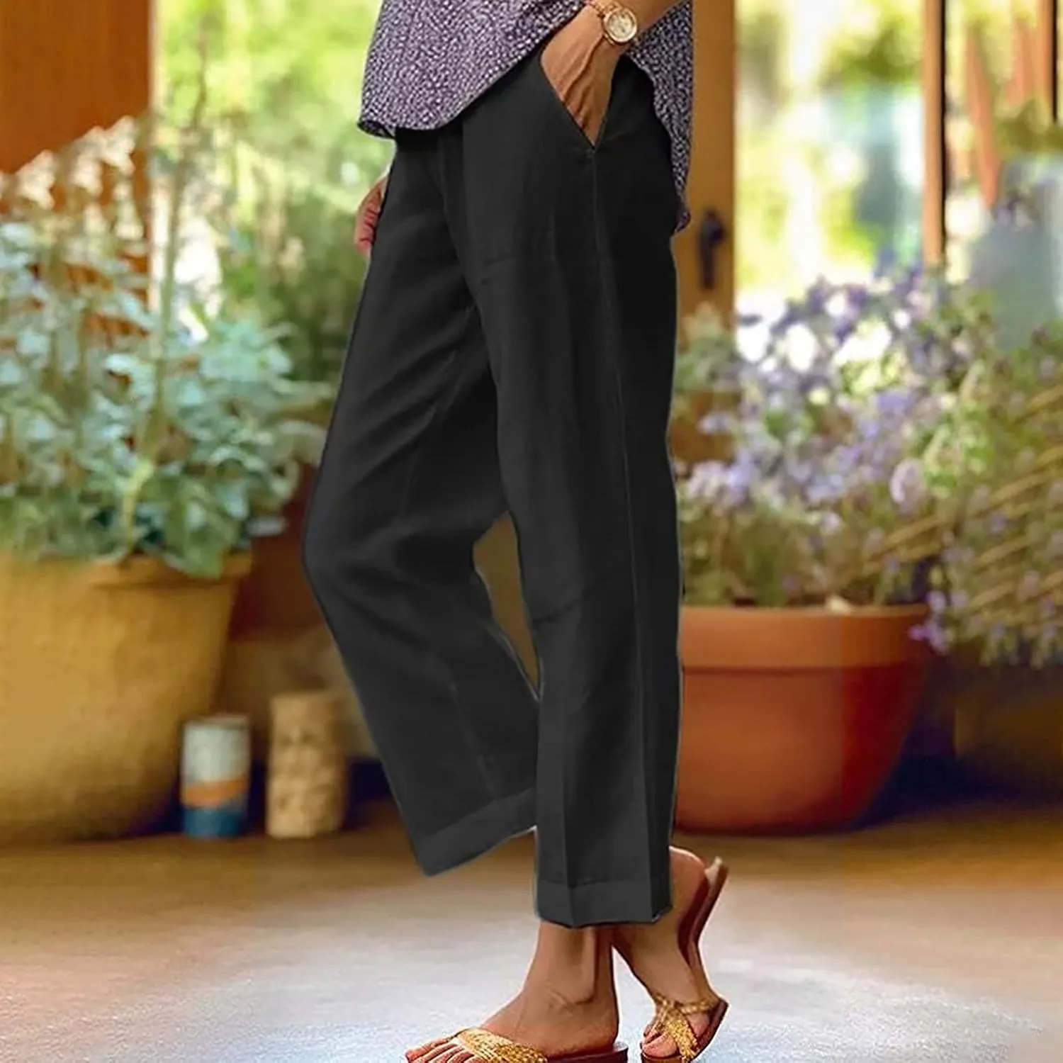Hvyesh Linen Pants Women Summer, Womens Linen Pants Petite Length Elastic Waist Wed Leg, Straight Leg Pants for Women Casual