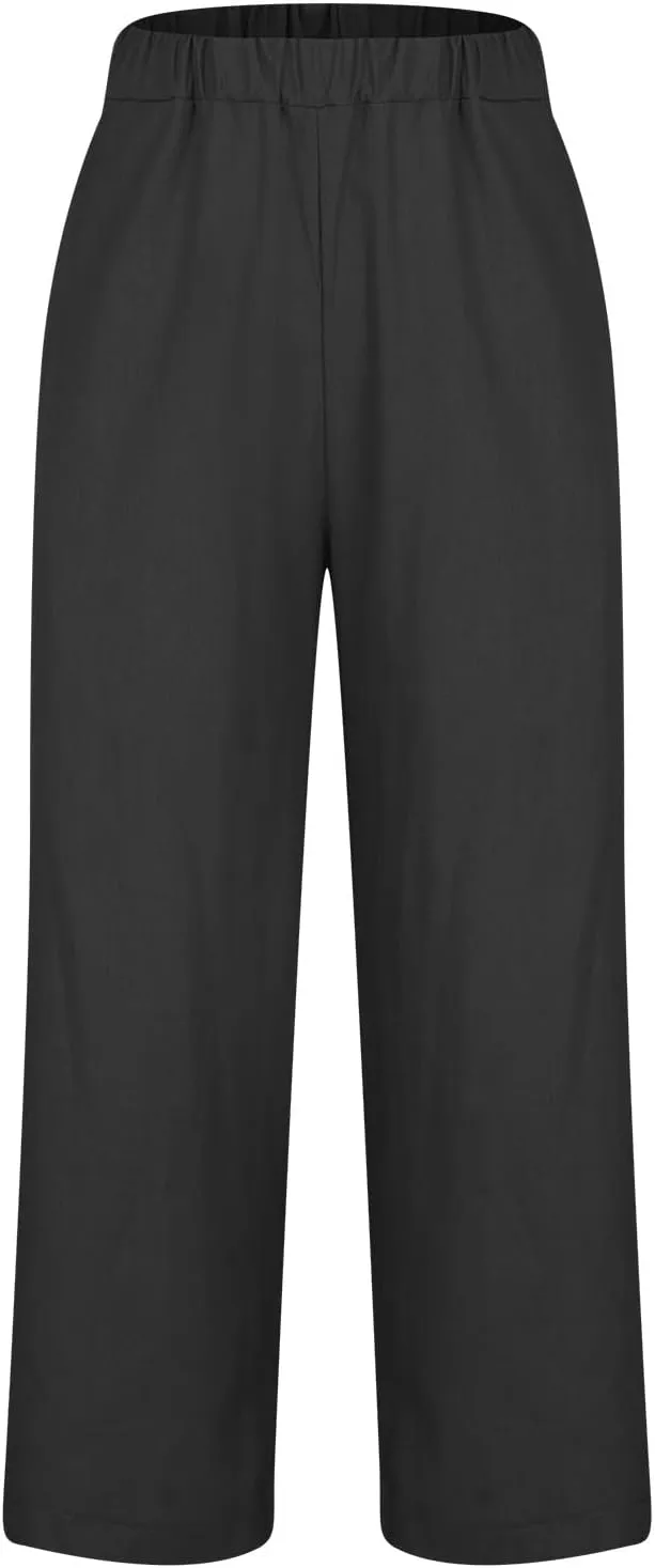 Hvyesh Linen Pants Women Summer, Womens Linen Pants Petite Length Elastic Waist Wed Leg, Straight Leg Pants for Women Casual