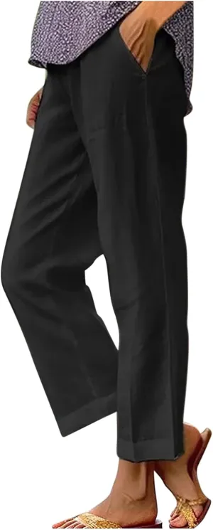 Hvyesh Linen Pants Women Summer, Womens Linen Pants Petite Length Elastic Waist Wed Leg, Straight Leg Pants for Women Casual