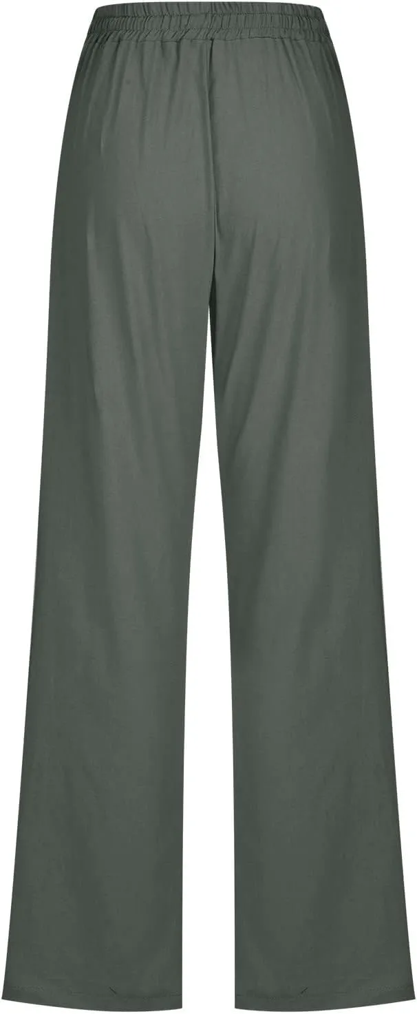 Hvyesh Womens Casual Cotton Linen Pants Lightweight Summer Relax Fit Elastic Waist Straight Leg Solid Lounge Long Trousers