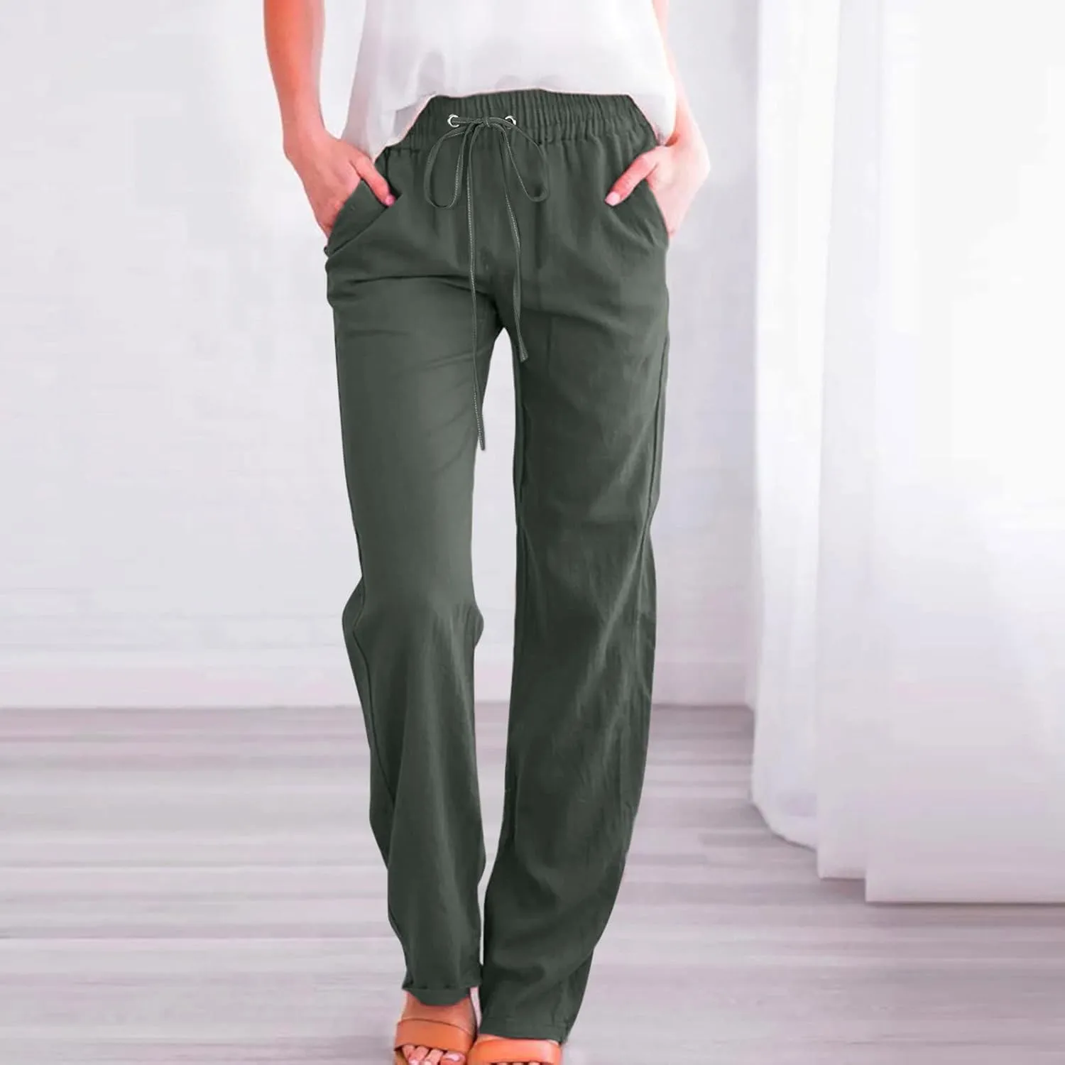 Hvyesh Womens Casual Cotton Linen Pants Lightweight Summer Relax Fit Elastic Waist Straight Leg Solid Lounge Long Trousers