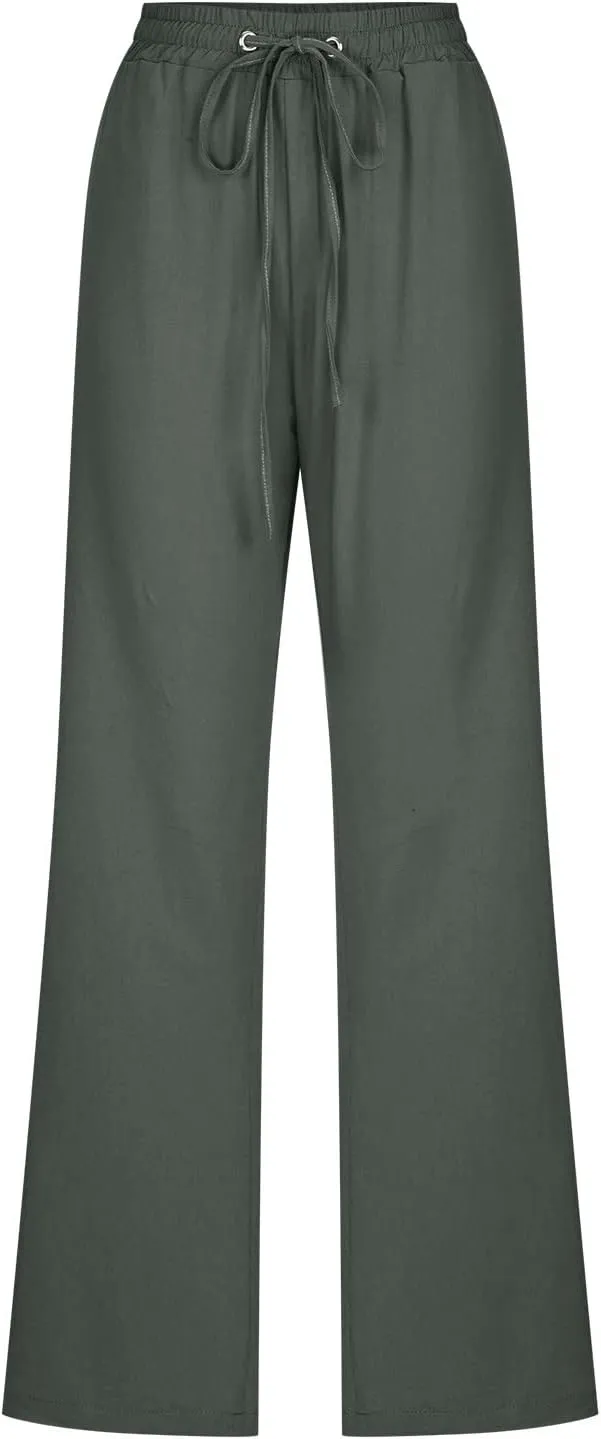Hvyesh Womens Casual Cotton Linen Pants Lightweight Summer Relax Fit Elastic Waist Straight Leg Solid Lounge Long Trousers