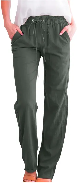 Hvyesh Womens Casual Cotton Linen Pants Lightweight Summer Relax Fit Elastic Waist Straight Leg Solid Lounge Long Trousers
