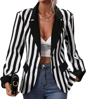 IKADEX Women Black and White Striped Blazer Suit Jacket Casual Pageant Party Cosplay Adult Halloween Costume