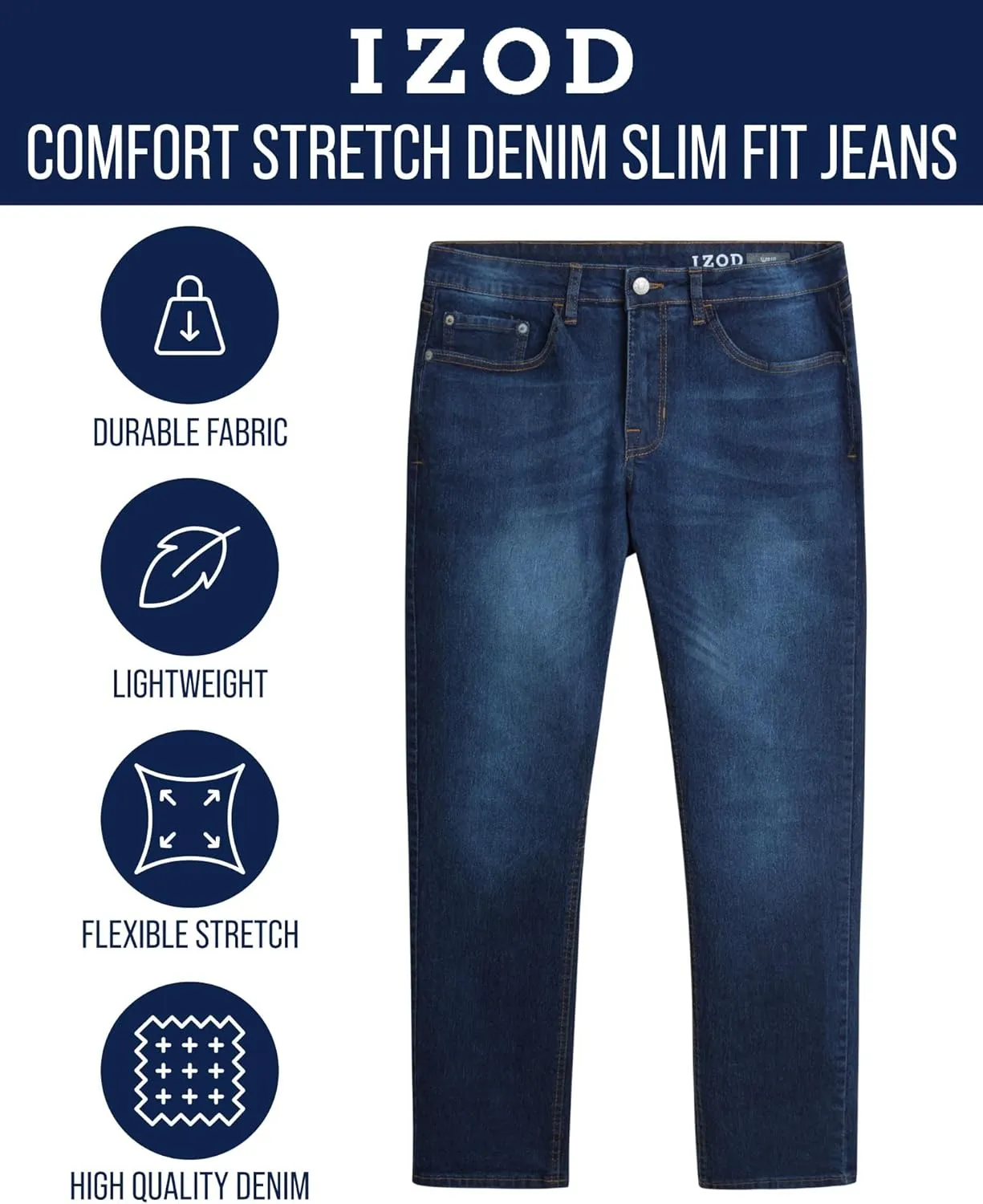 IZOD Men's Slim Fit Jeans - Classic Comfort Stretch Lightweight Denim Jeans - Casual Work Pants for Men