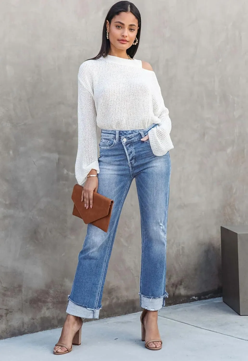 Jeans for Women Trendy High Waisted Corssover Boyfriend Jeans Distressed Stretchy Denim Pants