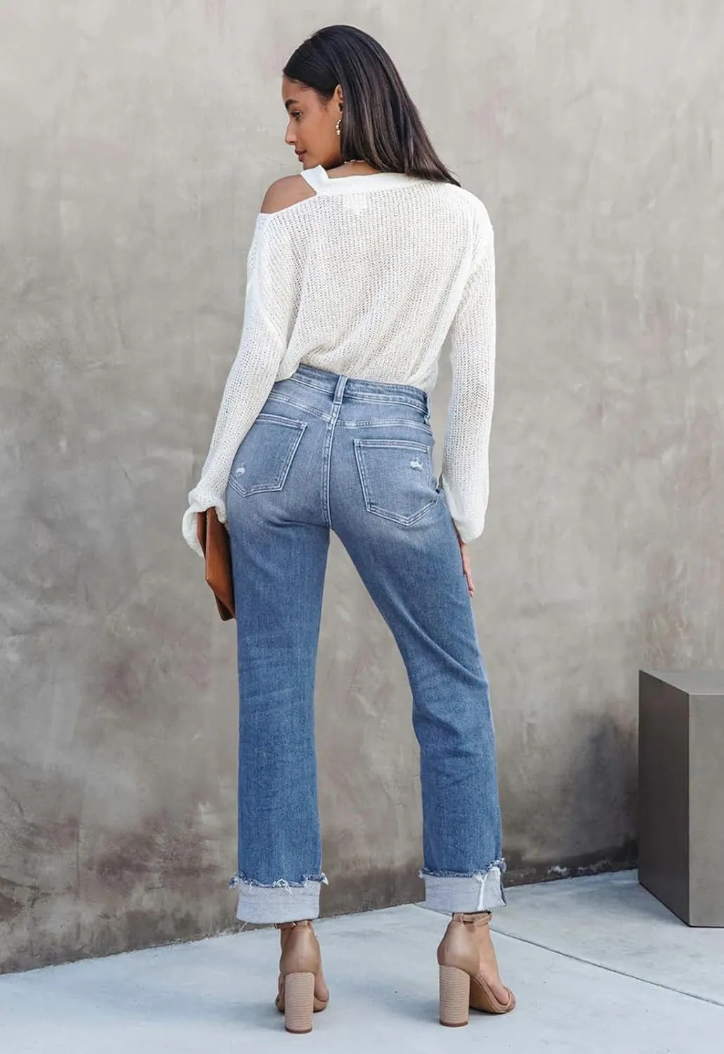 Jeans for Women Trendy High Waisted Corssover Boyfriend Jeans Distressed Stretchy Denim Pants