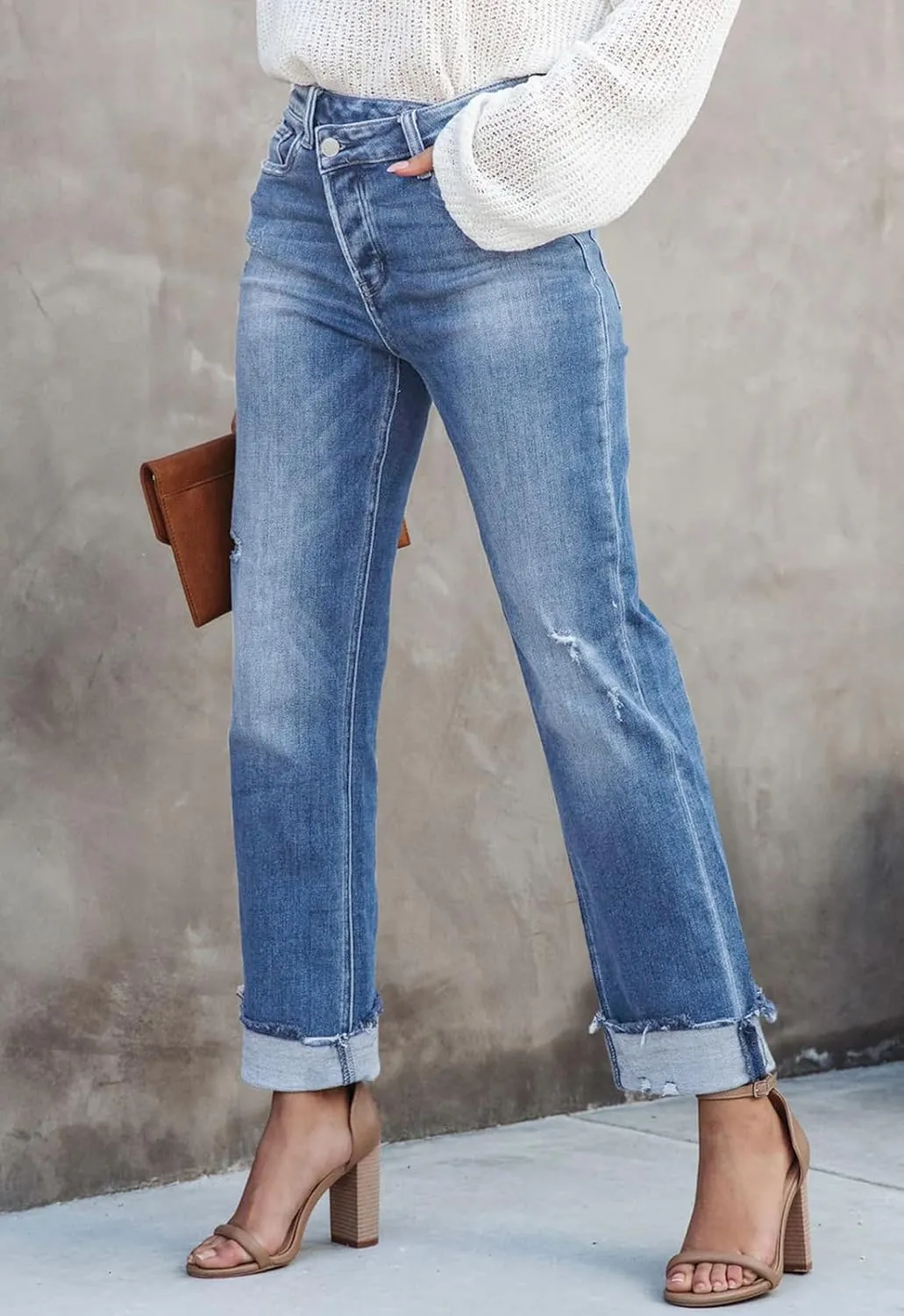 Jeans for Women Trendy High Waisted Corssover Boyfriend Jeans Distressed Stretchy Denim Pants