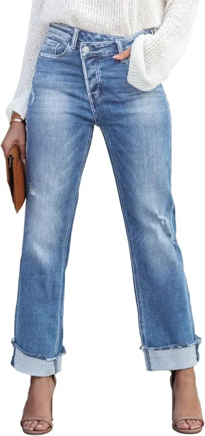 Jeans for Women Trendy High Waisted Corssover Boyfriend Jeans Distressed Stretchy Denim Pants