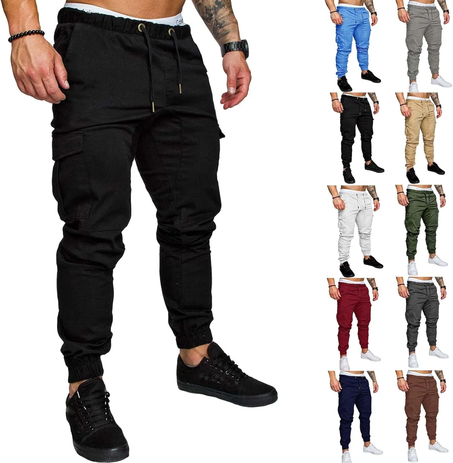 Joggers Pants for Men Elastic Waist Drawstring Cargo Pants Slim Fit Track Sweatpants Outdoor Trousers with Pockets
