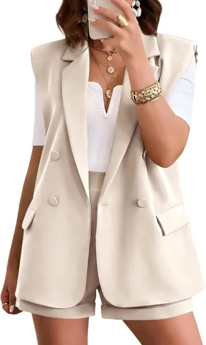KIRUNDO Womens 2 Piece Sets Summer 2025 Dressy Sleeveless Blazer and High Waist Shorts Set Suit Business Casual Outfits