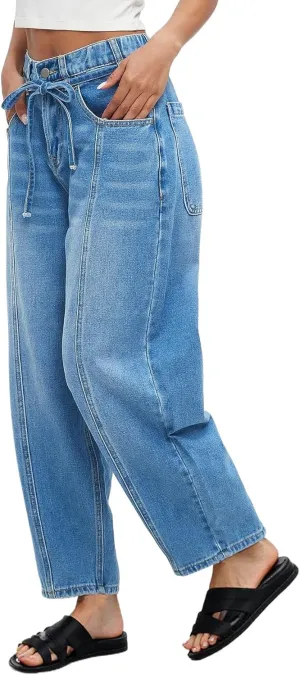 Ladyful Womens Baggy Barrel Jeans Drawstring Low Rise Horseshoe Jeans Boyfriend Wide Leg Mom Denim Pant Trouser