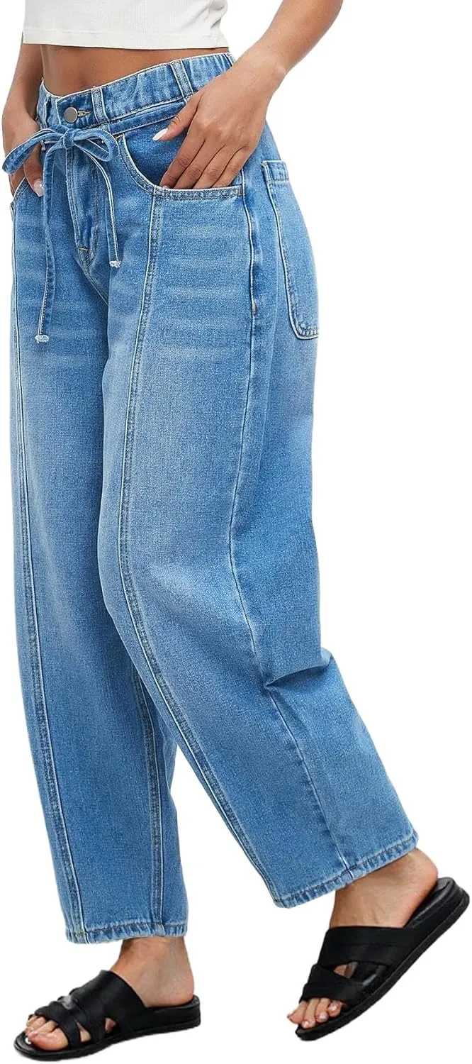 Ladyful Womens Baggy Barrel Jeans Drawstring Low Rise Horseshoe Jeans Boyfriend Wide Leg Mom Denim Pant Trouser