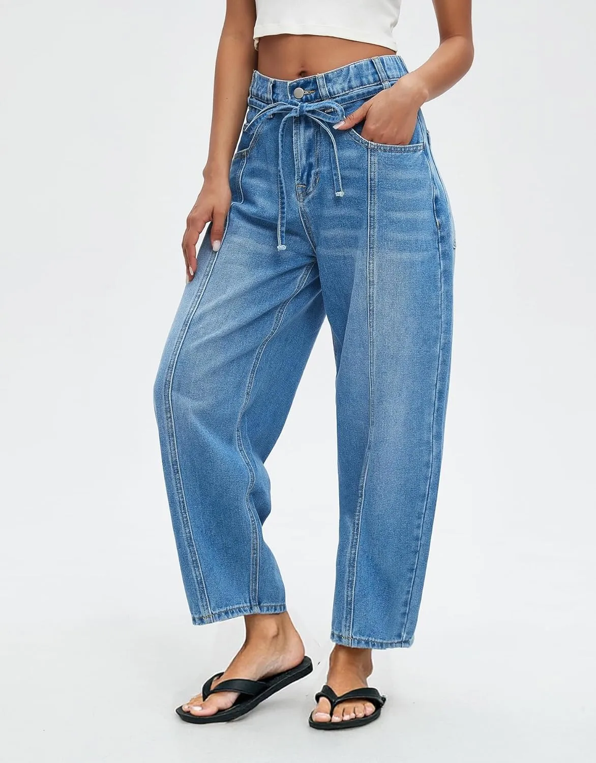 Ladyful Womens Baggy Barrel Jeans Drawstring Low Rise Horseshoe Jeans Boyfriend Wide Leg Mom Denim Pant Trouser