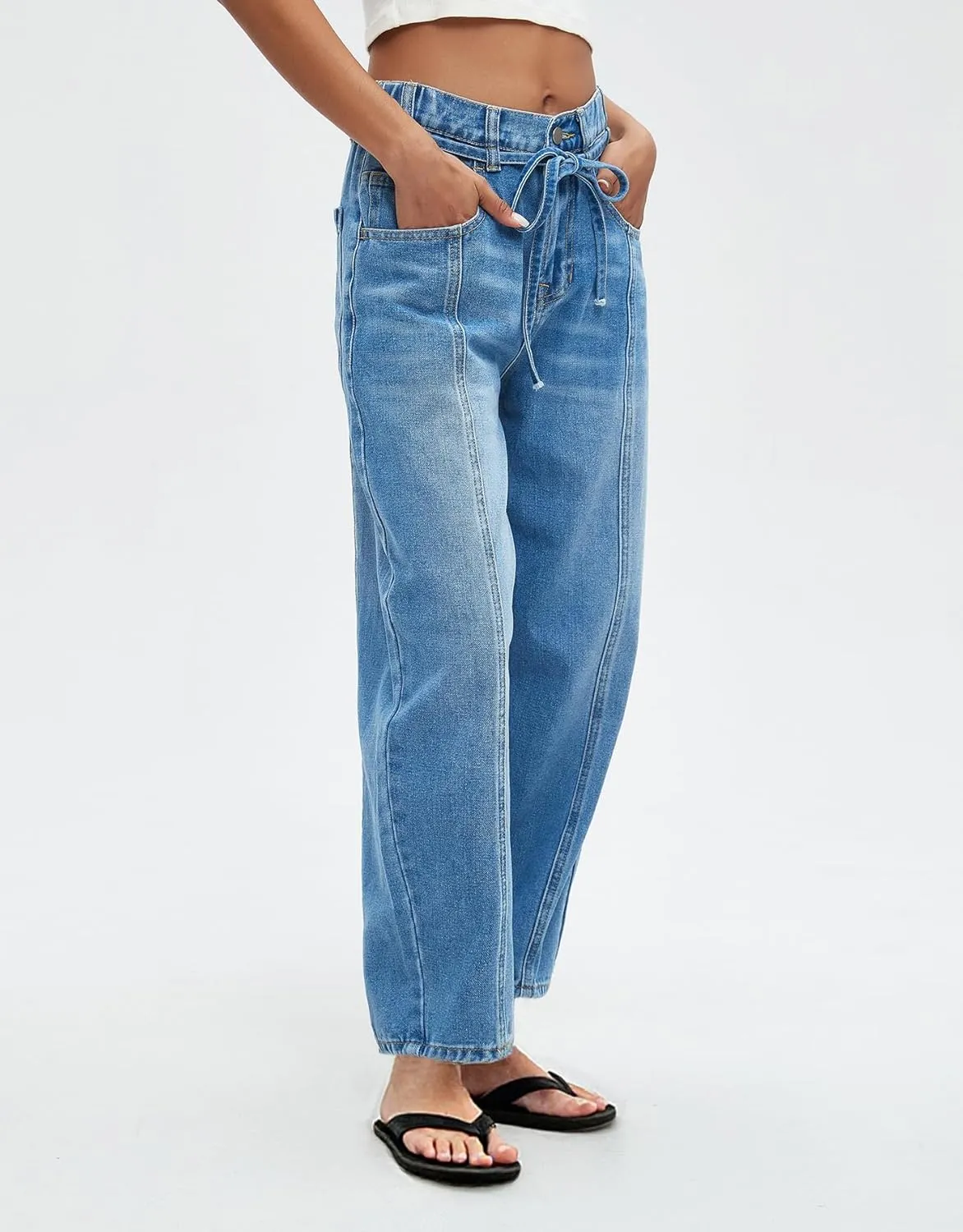 Ladyful Womens Baggy Barrel Jeans Drawstring Low Rise Horseshoe Jeans Boyfriend Wide Leg Mom Denim Pant Trouser