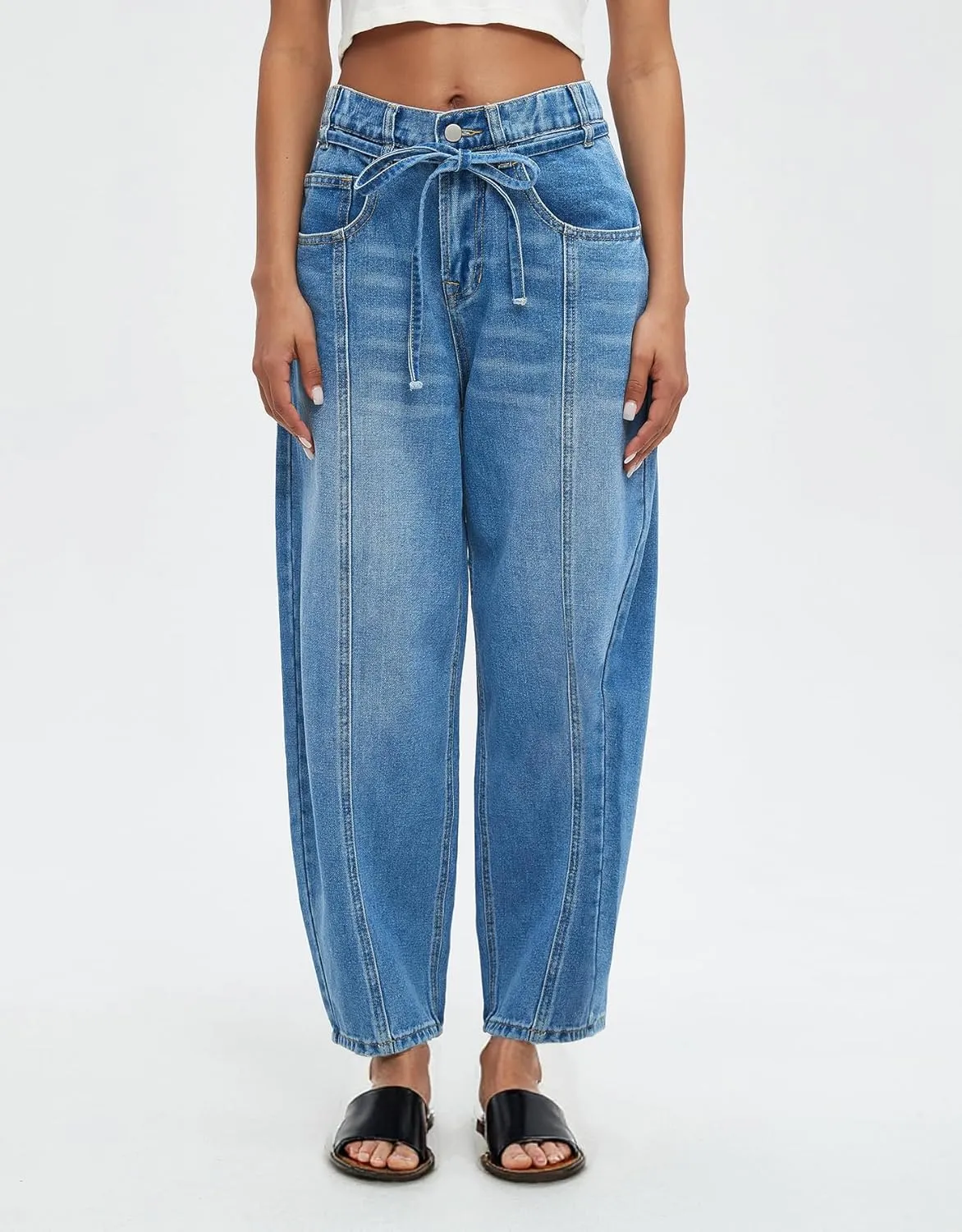 Ladyful Womens Baggy Barrel Jeans Drawstring Low Rise Horseshoe Jeans Boyfriend Wide Leg Mom Denim Pant Trouser