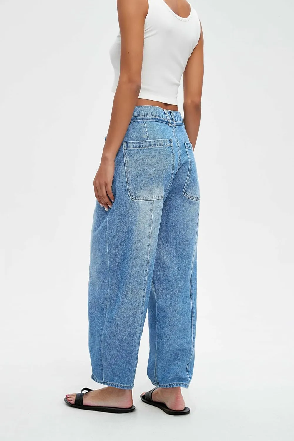 Ladyful Womens Baggy Barrel Jeans Drawstring Low Rise Horseshoe Jeans Boyfriend Wide Leg Mom Denim Pant Trouser