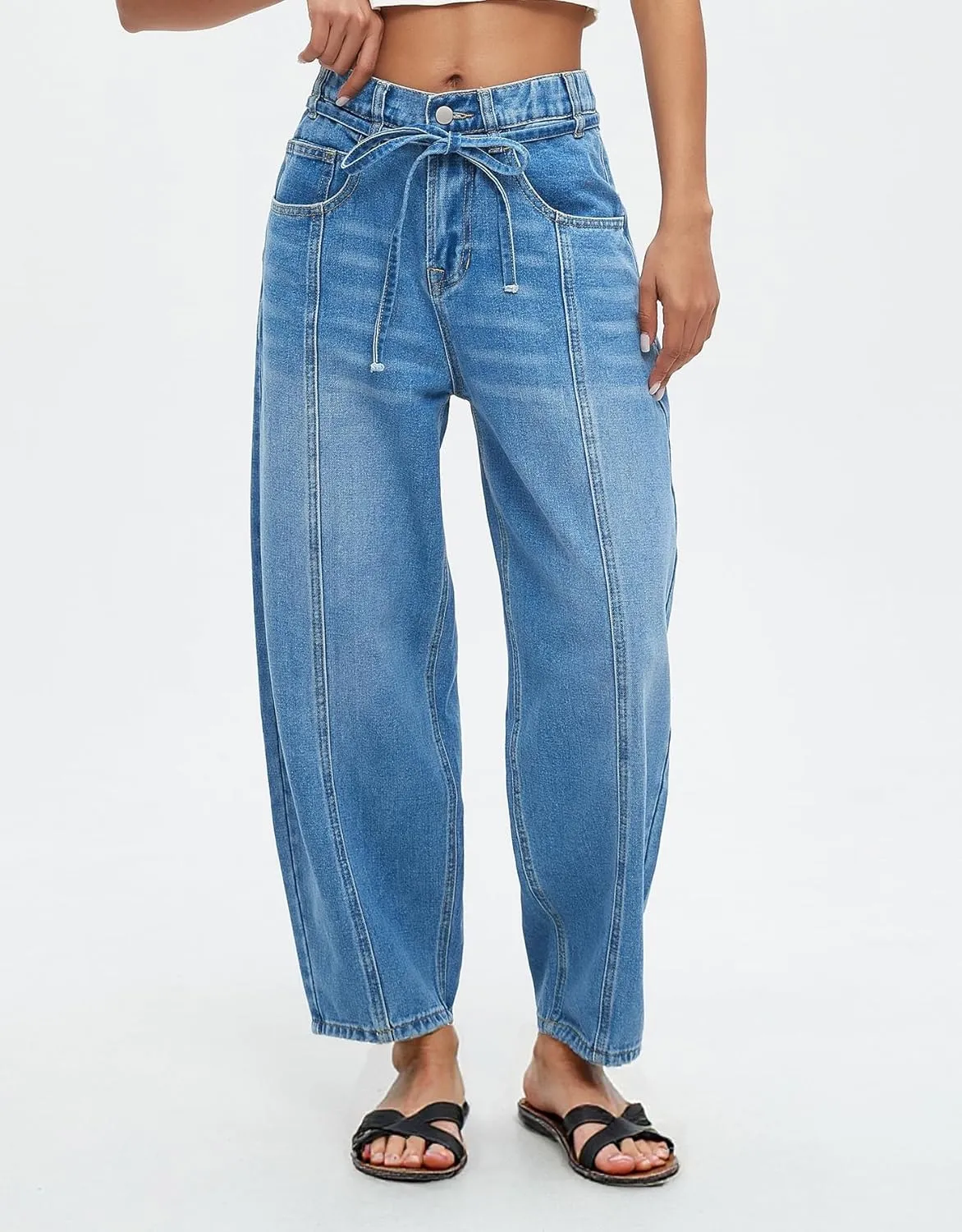 Ladyful Womens Baggy Barrel Jeans Drawstring Low Rise Horseshoe Jeans Boyfriend Wide Leg Mom Denim Pant Trouser