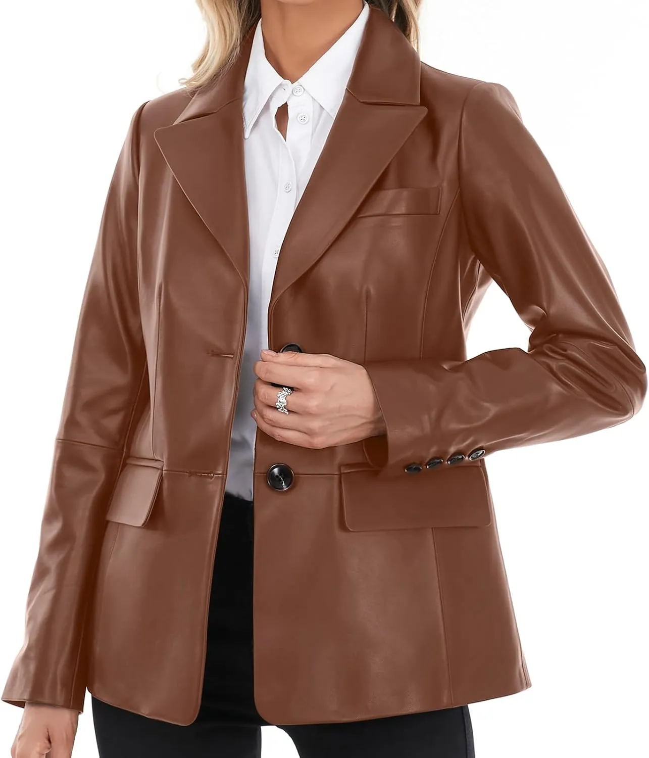 Lambskin Leather Jacket Women,Long Sleeve Button Front Leather Blazer,Notched Lapel Casual Style,Vent Detail