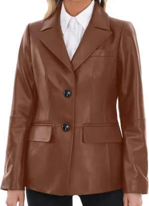 Lambskin Leather Jacket Women,Long Sleeve Button Front Leather Blazer,Notched Lapel Casual Style,Vent Detail
