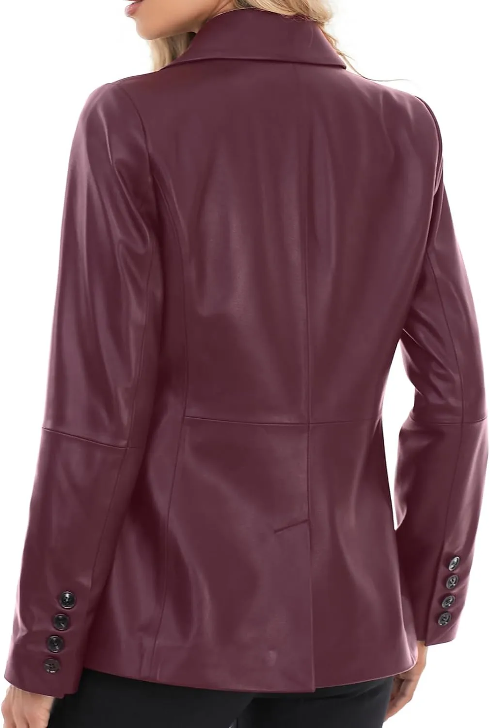 Lambskin Leather Jacket Women,Long Sleeve Button Front Leather Blazer,Notched Lapel Casual Style,Vent Detail