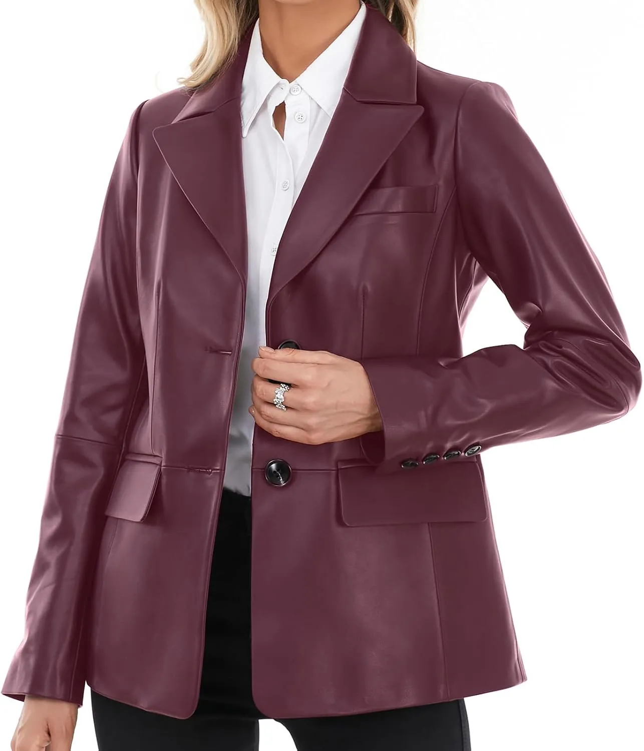 Lambskin Leather Jacket Women,Long Sleeve Button Front Leather Blazer,Notched Lapel Casual Style,Vent Detail
