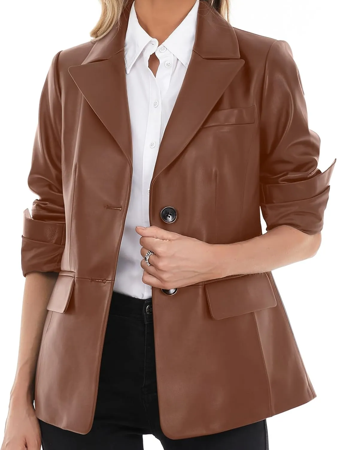 Lambskin Leather Jacket Women,Long Sleeve Button Front Leather Blazer,Notched Lapel Casual Style,Vent Detail