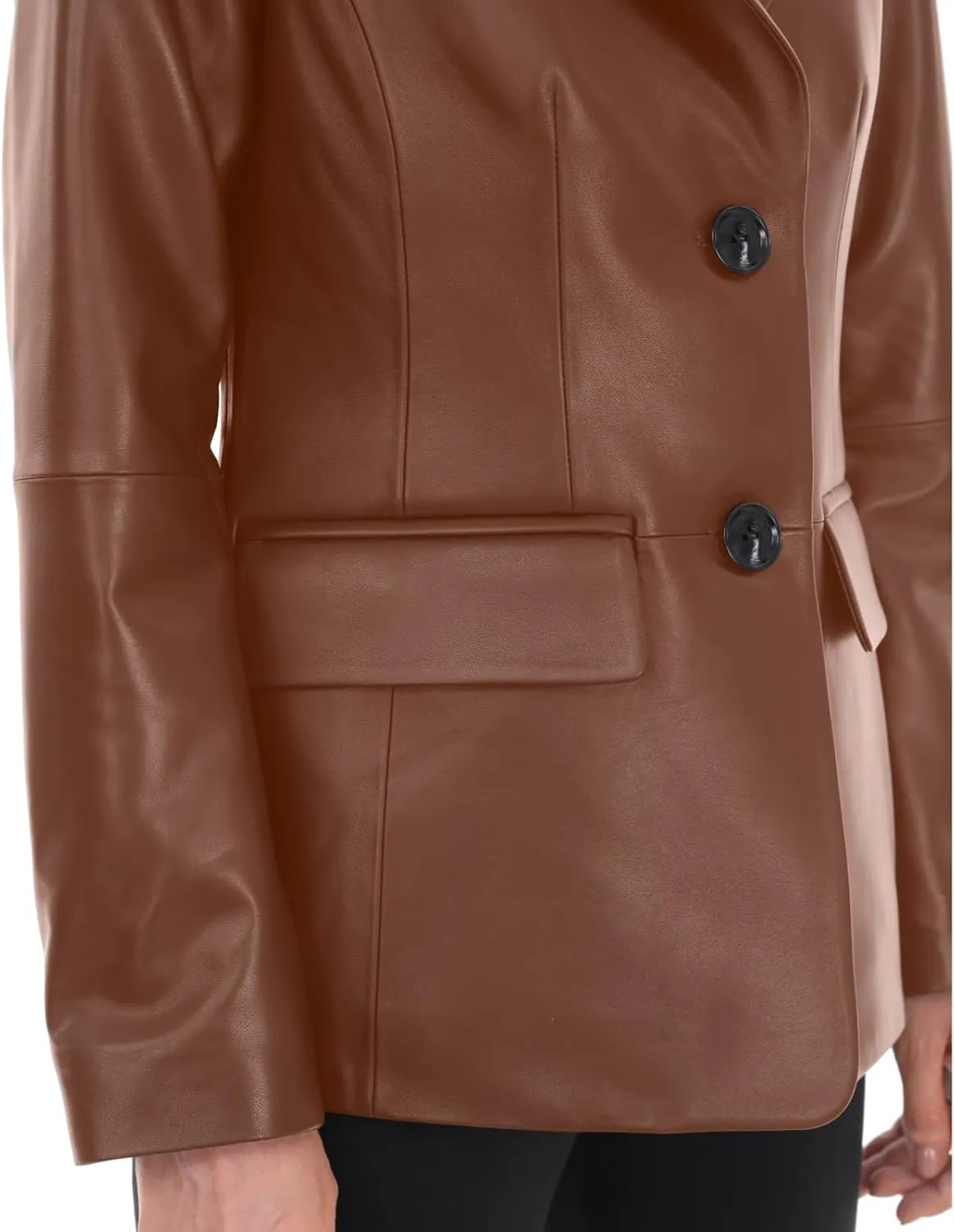 Lambskin Leather Jacket Women,Long Sleeve Button Front Leather Blazer,Notched Lapel Casual Style,Vent Detail
