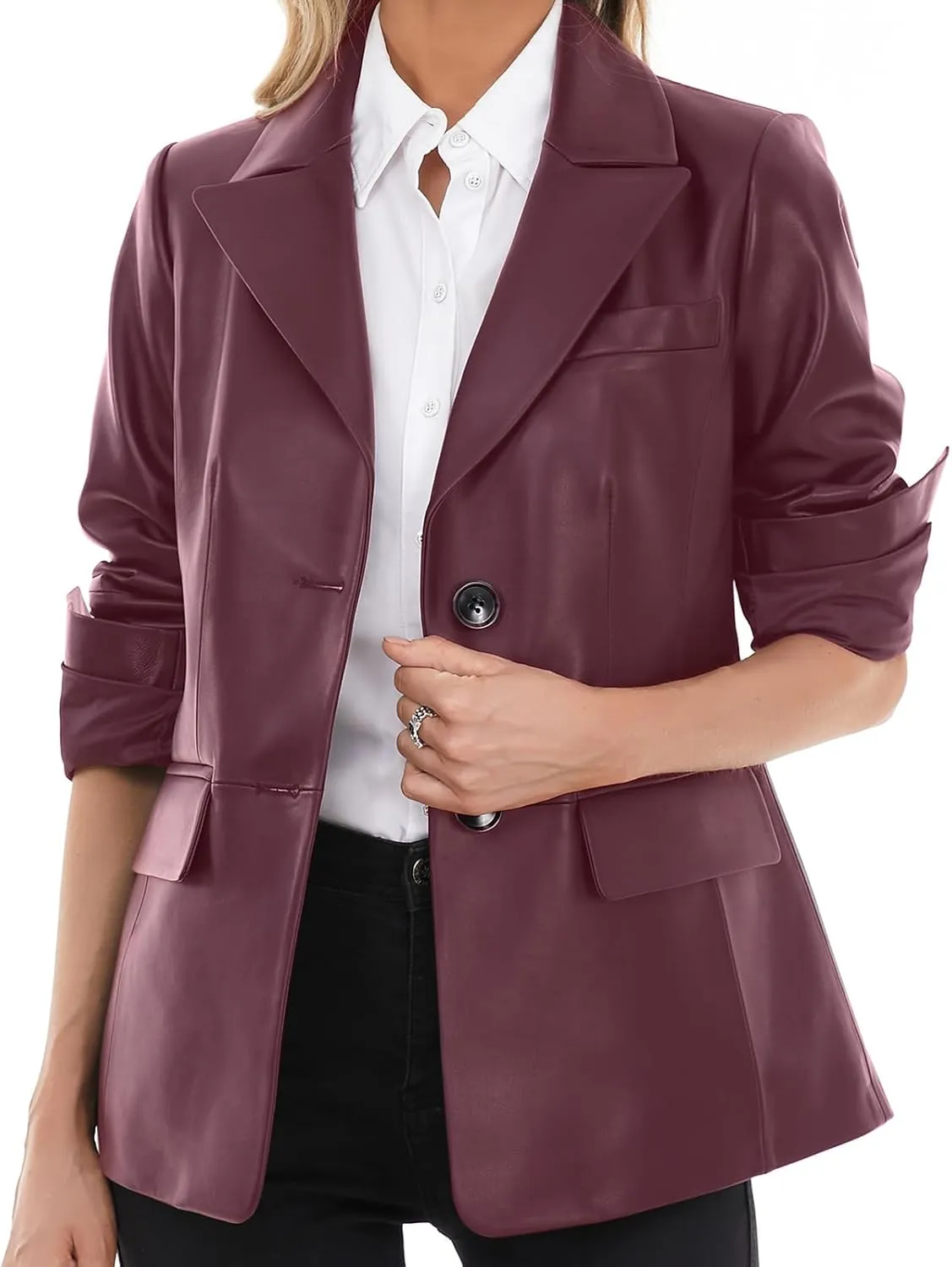 Lambskin Leather Jacket Women,Long Sleeve Button Front Leather Blazer,Notched Lapel Casual Style,Vent Detail
