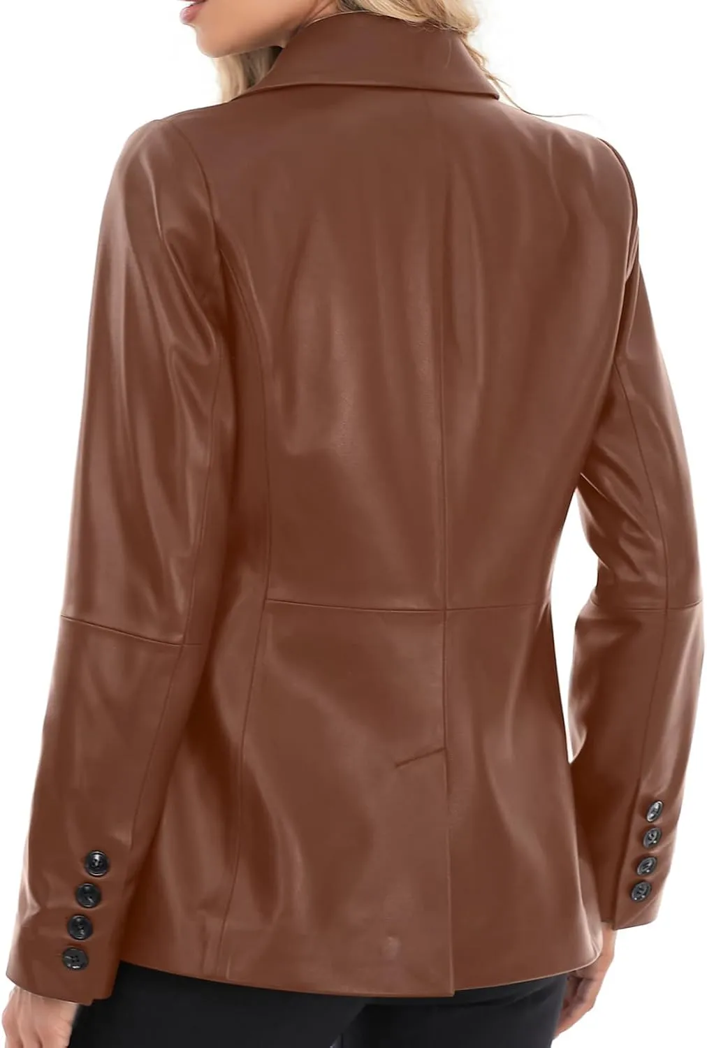 Lambskin Leather Jacket Women,Long Sleeve Button Front Leather Blazer,Notched Lapel Casual Style,Vent Detail