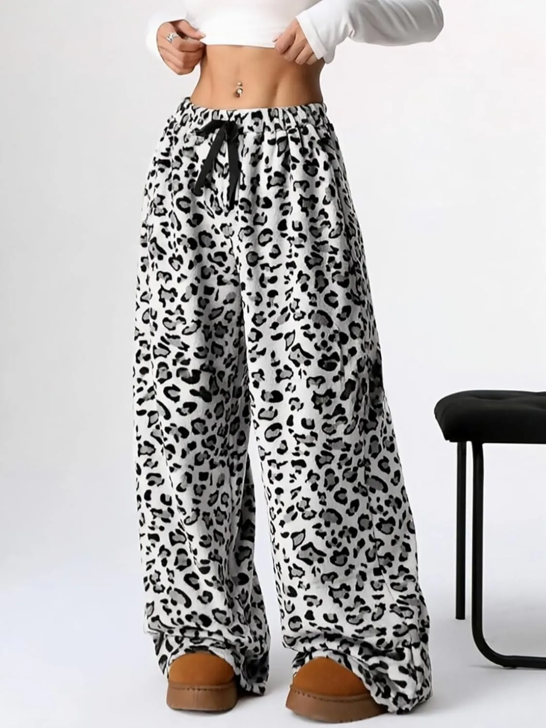 Leopard Pants Women Therian Fuzzy Pajama Pants Y2k Cheetah Pants Grunge High Waisted Fluffy Pants